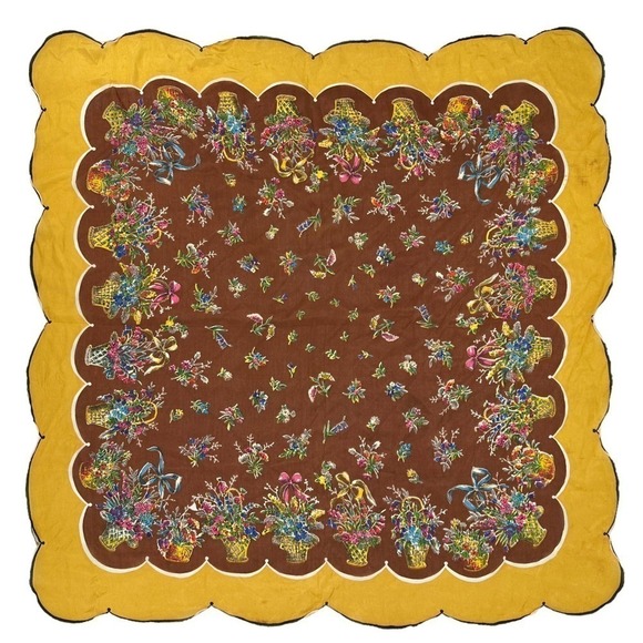 vintage scalloped Carol Stanley Floral Designer Scarf Silk Yellow Brown One Size - Picture 9 of 12